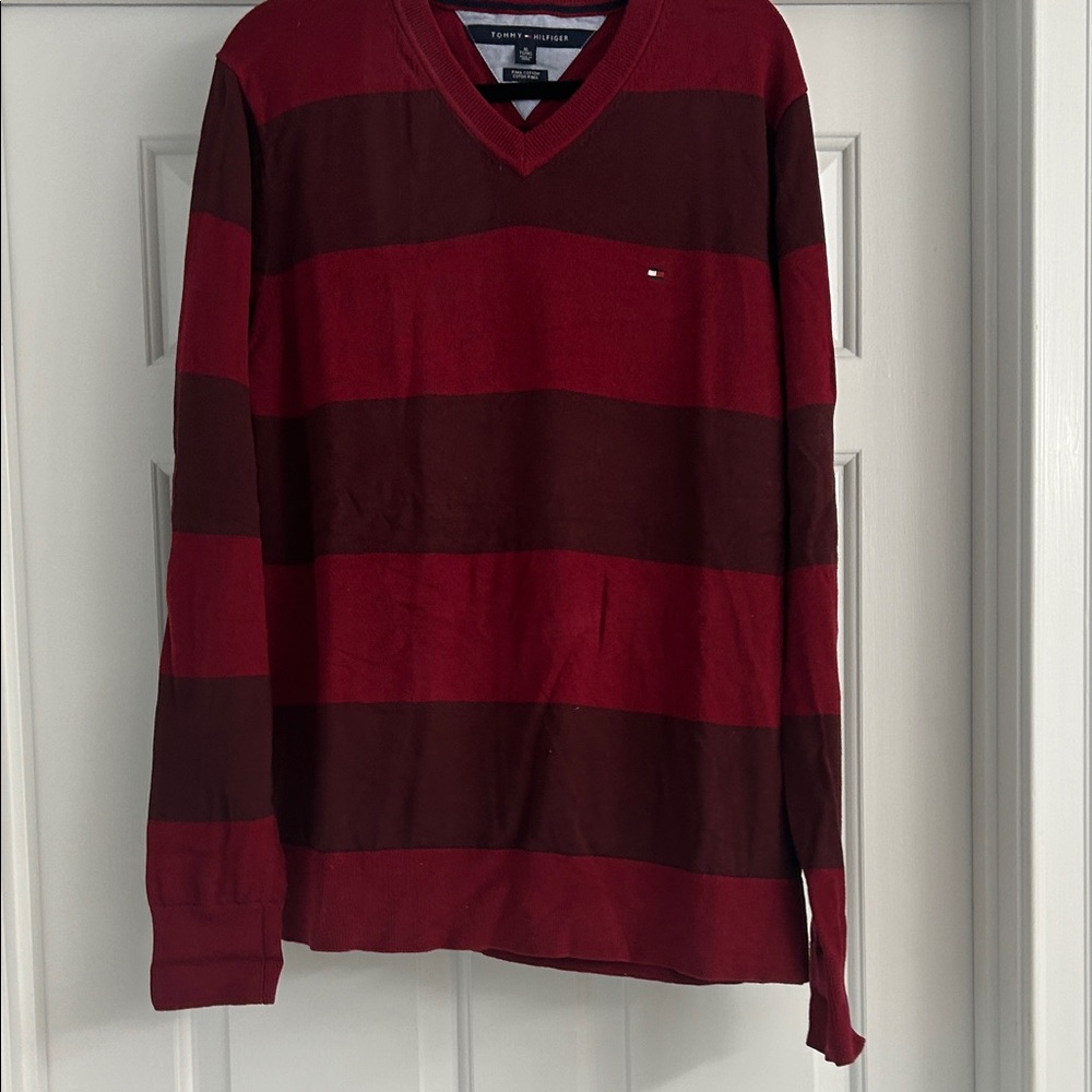 Tommy Hilfiger Men's Burgundy and Red Striped Long Sleeve Shirt